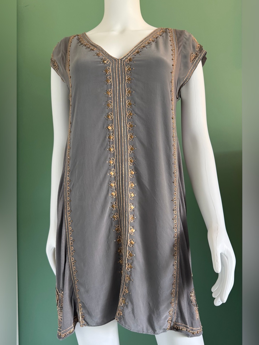 Calypso St. Barth Gray Silk Tunic with Gold Embroidery/Sequins/Beads